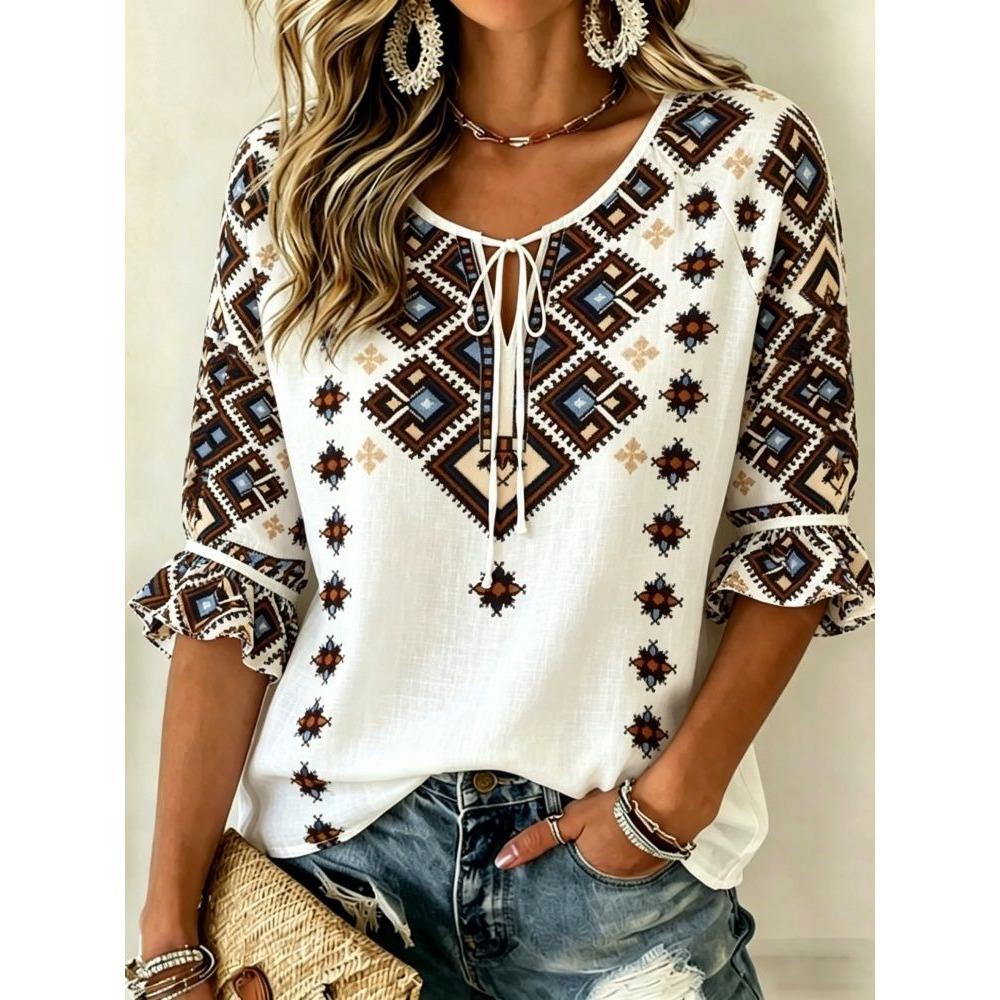 Women's White Boho Floral Print Tie Neck Blouse, Casual Loose Tops for Spring Summer Daily Wear & Vacation Occasions