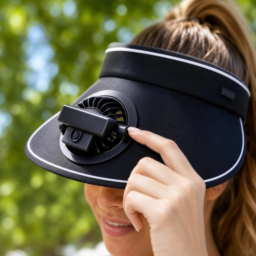 USB-wiederaufladbare Stoff-Sonnenblendenmütze mit eingebautem Ventilator, einstellbarer Luftstrom, drei Geschwindigkeitsstufen, leichte, atmungsaktive Kühlkappe für den Außenbereich