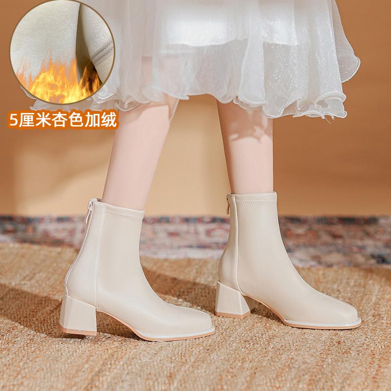Leather thick heel high heel boots women's autumn and winter velvet new thin boots with skirt white short boots