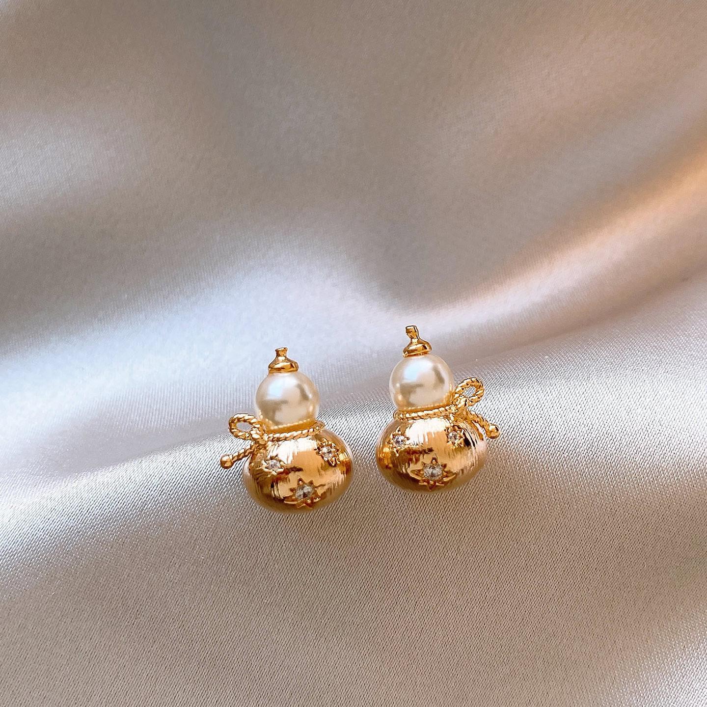 Новые китайские ретро серьги-гвоздики в форме тыквы с инкрустацией бриллиантами и жемчугом для женщин