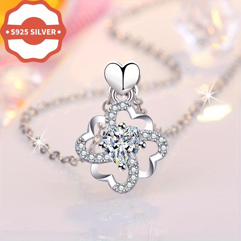 925Pure Silver Minimalist Four-leaf Clover Heart-shaped Pendant Necklace, Elegant and Versatile Silver Women's Accessory, Mother's Day Anniversary