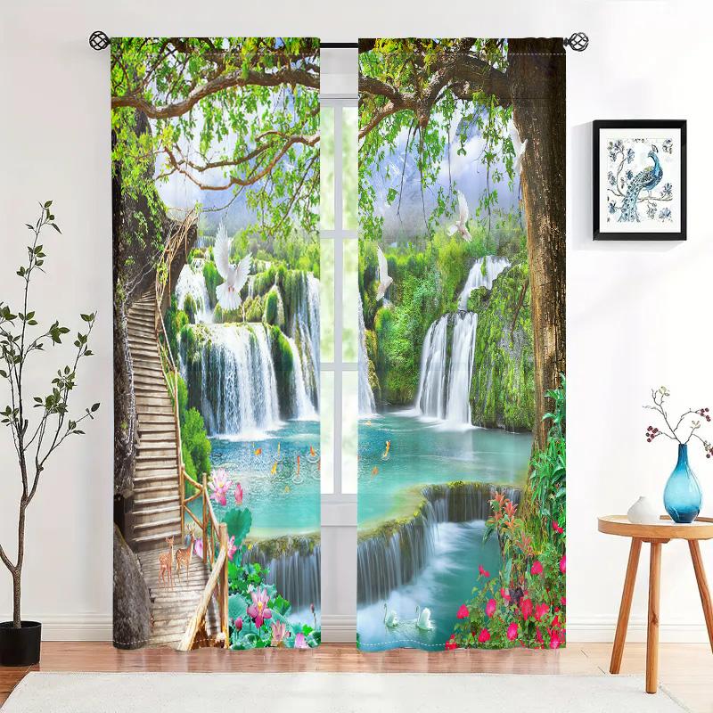2 Pieces, Natural Scenery Waterfall Landscape Curtains - Pole Pockets Easy To Hang - Living Room, Bedroom, Home Decoration