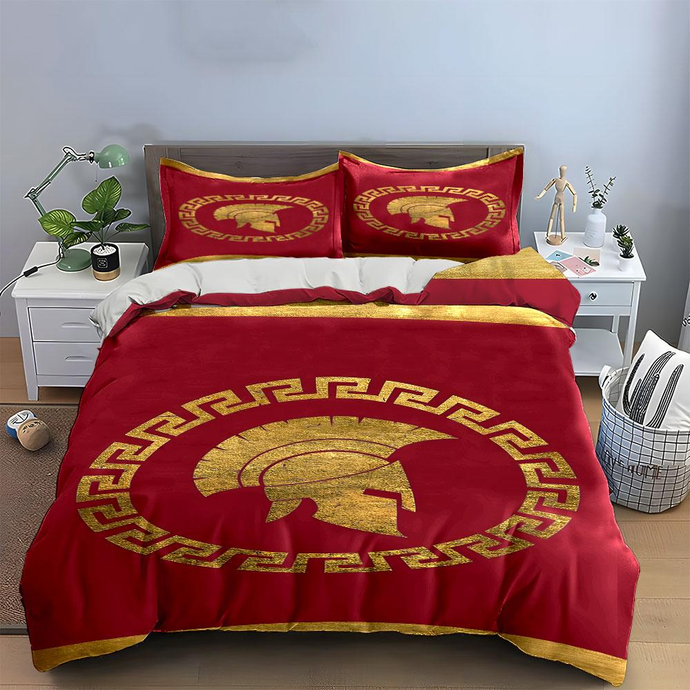 Golden Spartan Helmet on Red Background Print Bedding Set Duvet Cover Pillowcases (1* Duvet Cover 2* Pillowcases Do Not Include Comforter)