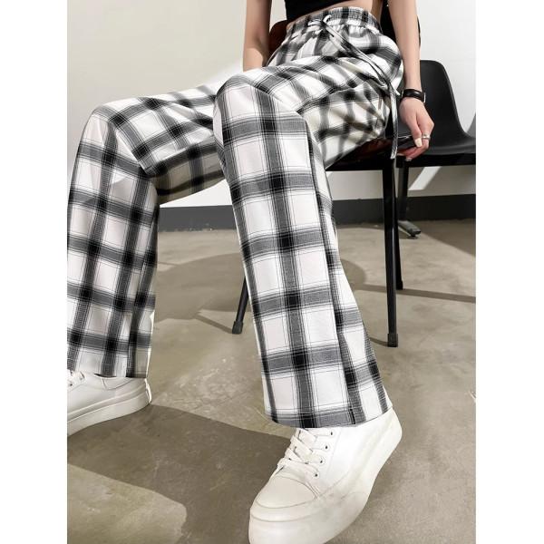 Plus Size 3XL 4XL Sweatpants Jogger Women Wide Leg Pants Retro High Waist Checkerboard Grid Elastic Woman Pant Black Loose Long Trouser