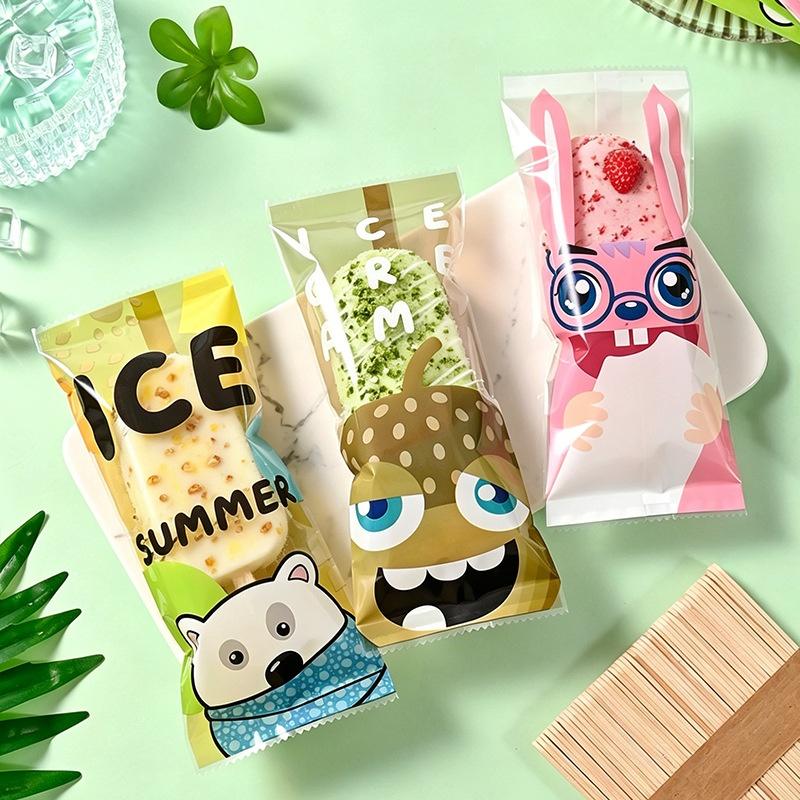 100Pcs Cartoon Ice Cream Packaging Bag Homemade Popsicle Disposable Plastic Popsicle Protective Cover Storage Sealing Bag Diy