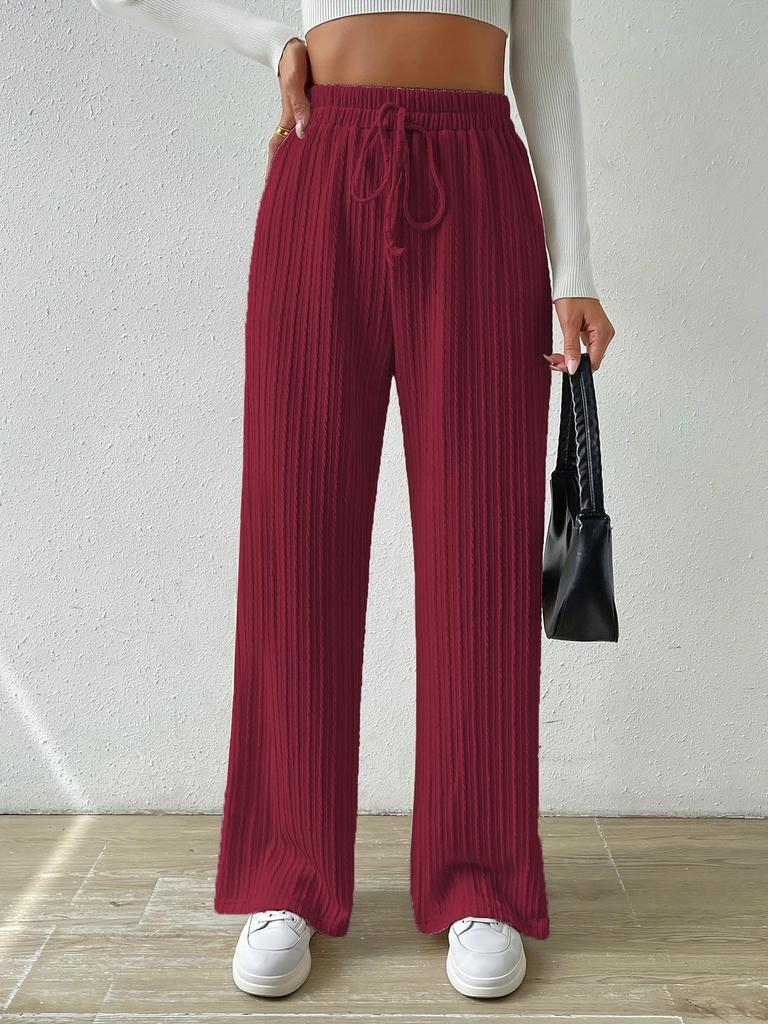 2024 Women's Textured Knit Wide-Leg Pants - Elastic High Waist, Tie Waist, Solid Color, Casual Loose Fit