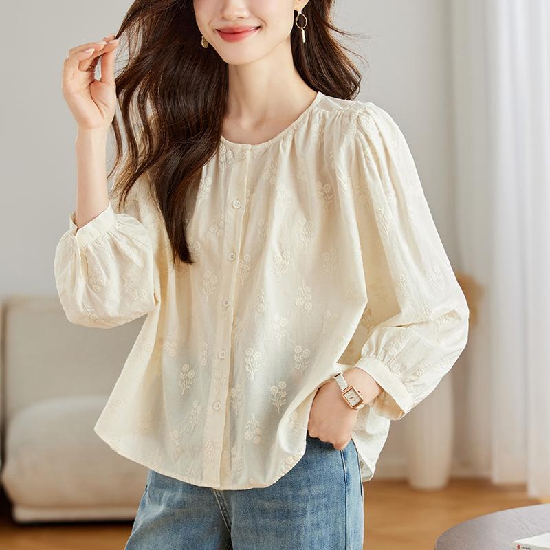 Sweet Temperament Jacquard Round Neck Shirt for Women In Women's Spring New Casual Loose Slimming Shirt for Women