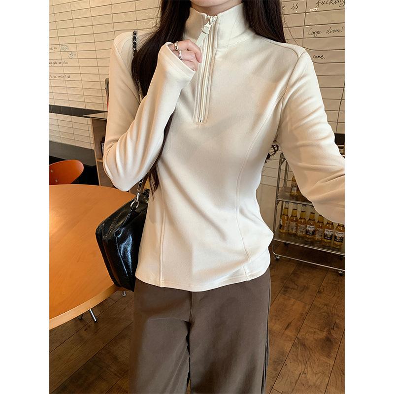 {Threaded German velvet 280g} Long-sleeved T-shirt women's autumn thin slim-fit black bottoming shirt zipper stand-up collar top