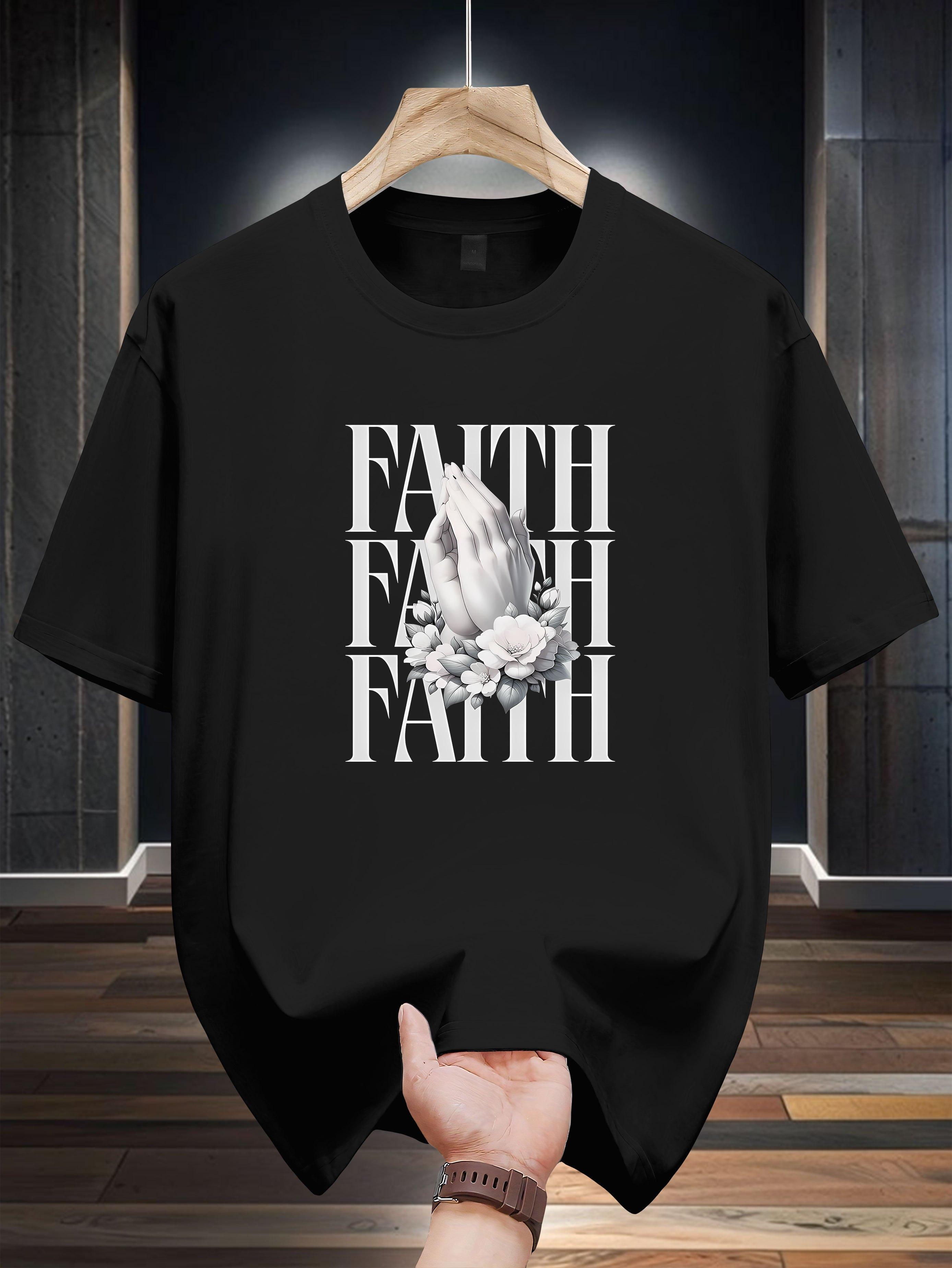 Niuwang Selection  T-shirt - White Casual Graphic Print Tee with Floral &  FAITH  Design XXXXL