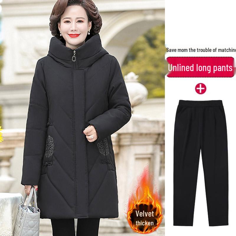 Red Mid-Length Winter Jacket for Middle-Aged and Elderly Women - Thick, Cotton-Padded, Suitable for Spring and Autumn