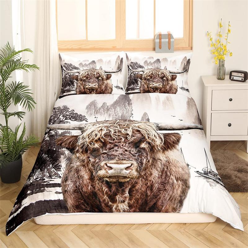 Highland Cow Duvet Cover Western Farm Animal Bedding Set Full King For Boys Girls Microfiber Floral Bull Cattle Comforter Cover