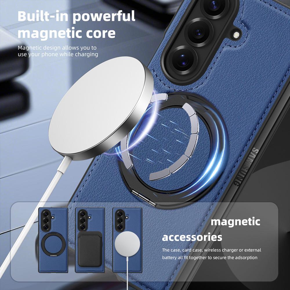 KEYSION 360° Rotating Magnetic Ring Stand PU Leather Case for MagSafe for Samsung Z Fold 7 5G Wireless Charging Phone Back Cover