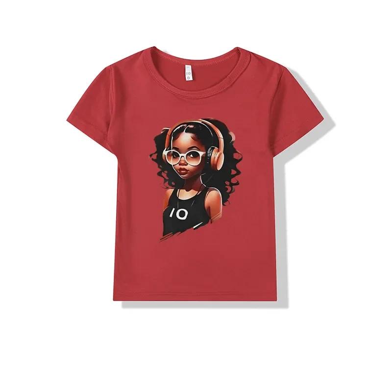 Summer New Girls round Neck Shortsleeved Tshirt Kids Clothes INS Music Cool Girl Pattern Printed Polyester Fabric