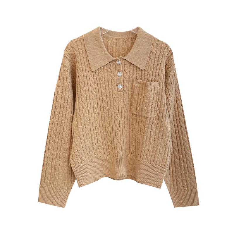 SD Camel Cable Knit Polo Neck Sweater: Women's Retro Cashmere Blend Loose Pullover