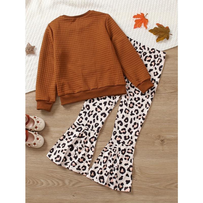 Two-Piece Girls' Casual Leopard Print Set with Heart Pattern - Brown White Long Sleeve Top Pants, Perfect for Fall/Winter