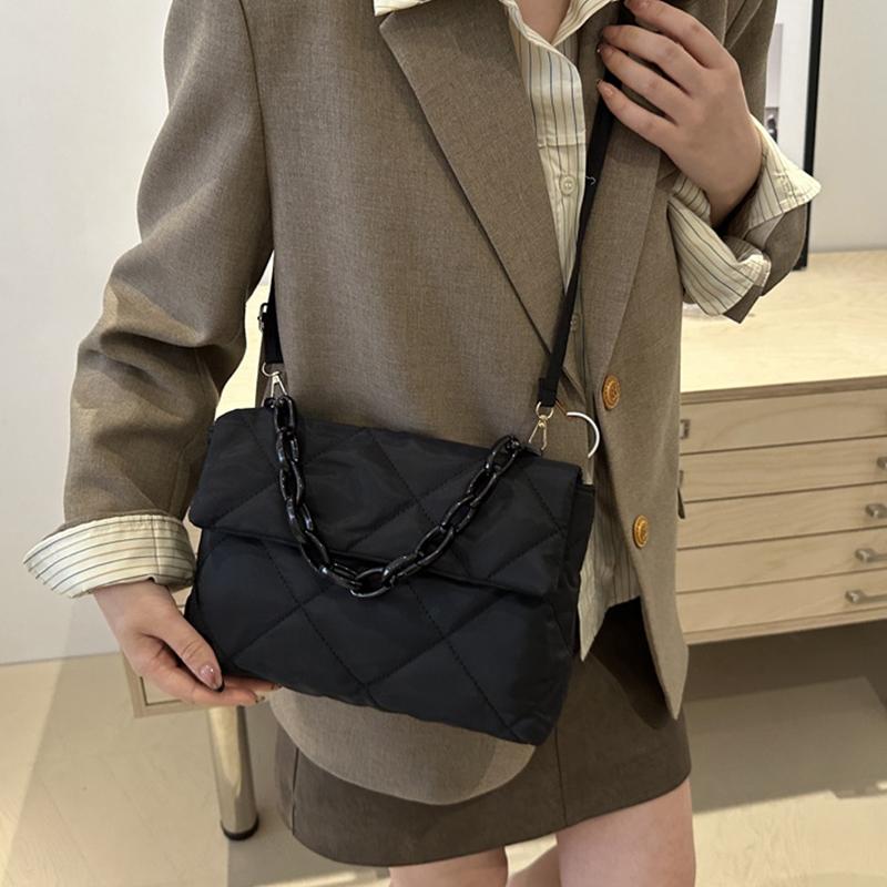 Geantă de mână matlasată de iarnă, căptușită cu bumbac, pentru femei, cu lanț, model rombic, designer, geantă din puf de pene, poșetă, genți tote de umăr pentru doamne