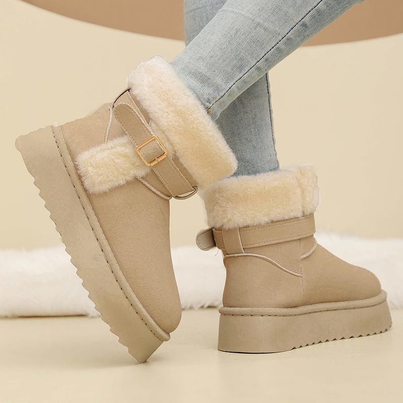 Fashion Faux Fur Winter Ankle Boots Women Fashion Buckle Anti Slip Platform Snow Boots Woman Plus Size Faux Suede Warm Short Booties