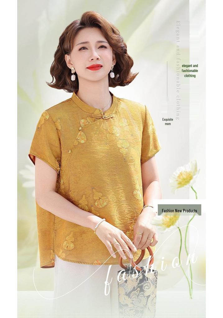 Middle-Aged Women's Chinese-Style Summer Blouse - Short-Sleeved Top