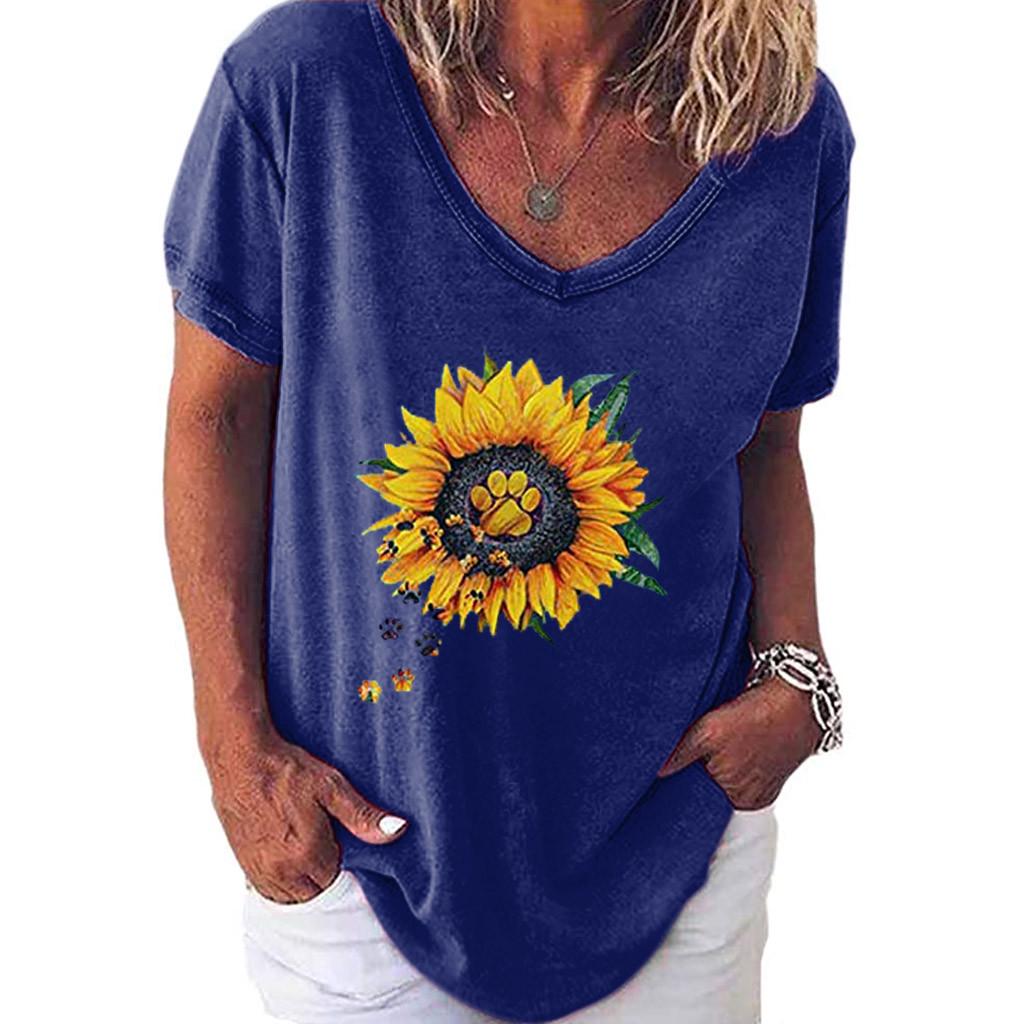 Womens Casual V Neck T-shirt Short Sleeve Letter Print Blouse Tops