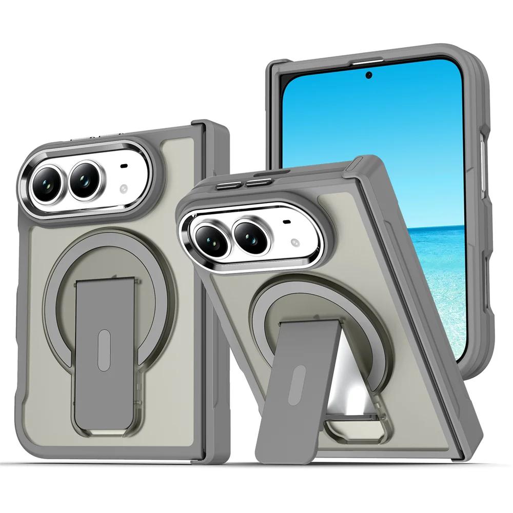 Folding Holder Stand Magnetic Phone Case For IPhone Duo IPhone Duo 18 Ultra Hinge Armor Solid Color Frosted Translucent Cover