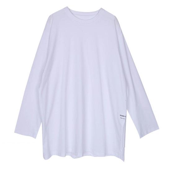 

Women Blouse Solid Color Long Sleeve O-Neck Loose Pullover Spring Autumn Two Side Split Long Tee Shirt Streetwear 2XL білий