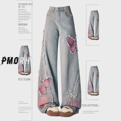Damesjeans met wijde pijpen en vlindersteekborduurwerk: Trendy lentebroek met rafelige zoom