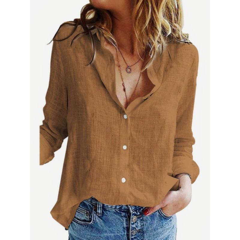 Damenmode, lässig, Frühling und Herbst, einfarbig, langärmelig, Polo-Ausschnitt, Blusen und Hemden