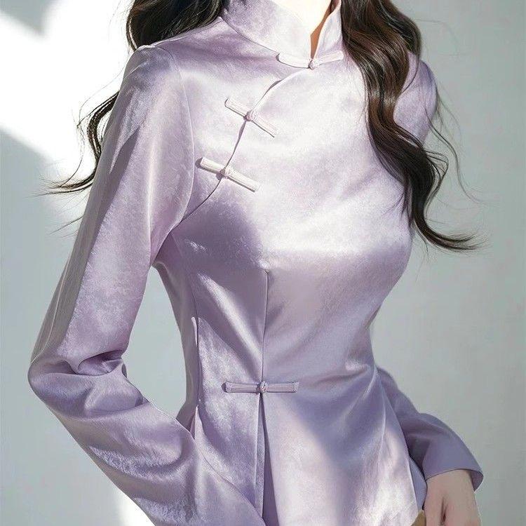 2025 Early Spring Purple Satin Women’s Cheongsam Top with Frog Buttons: Modern Chinese High-End Style