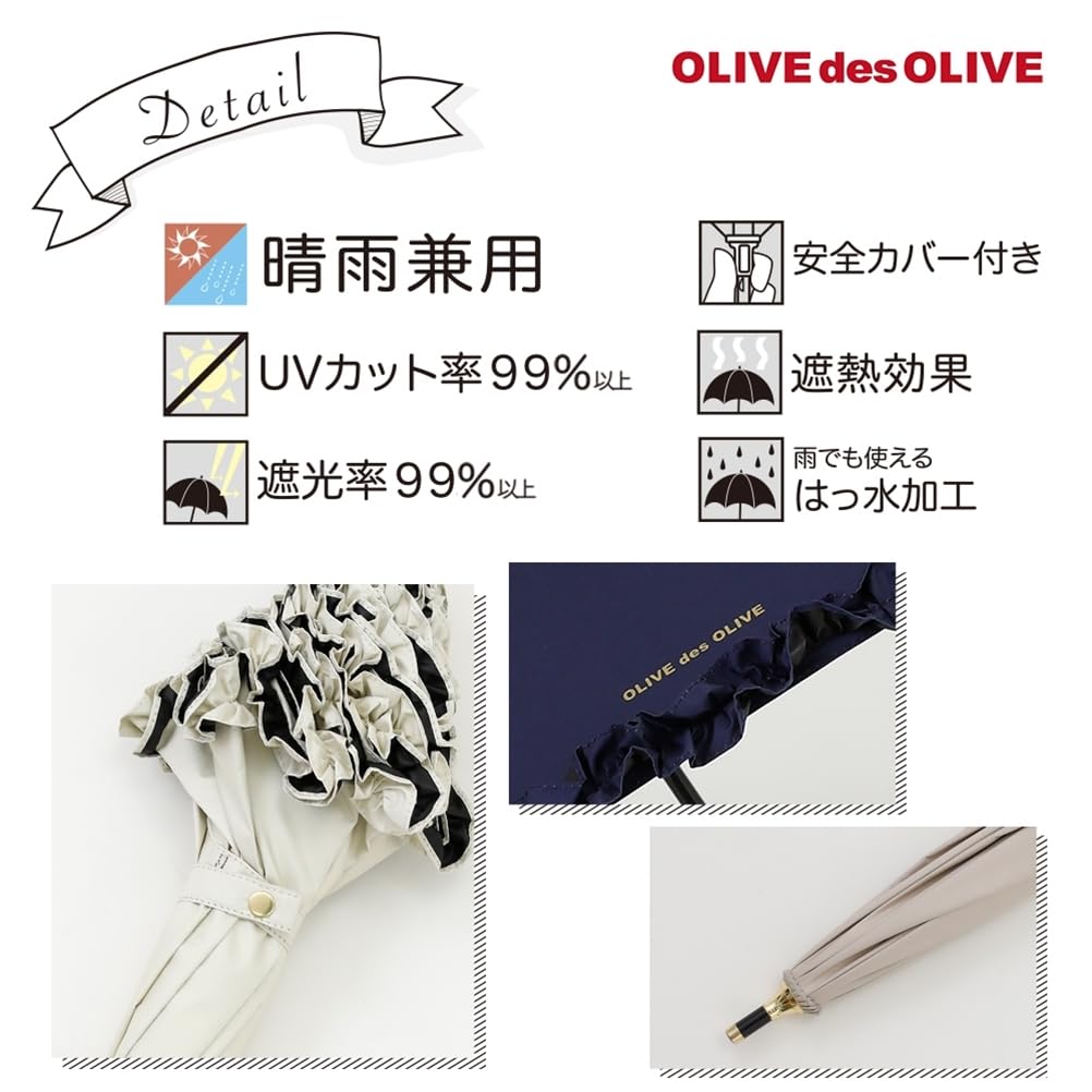 Ogawa 70986 Parasol OLIVE Des OLIVE Ruffles White For Sunny or Rainy Weather Completely Blackout UV Protection Heat Shielding Women's 99.9%