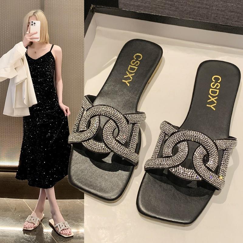 

New slippers rhinestone women sandals square head large size flats slippers sho 35