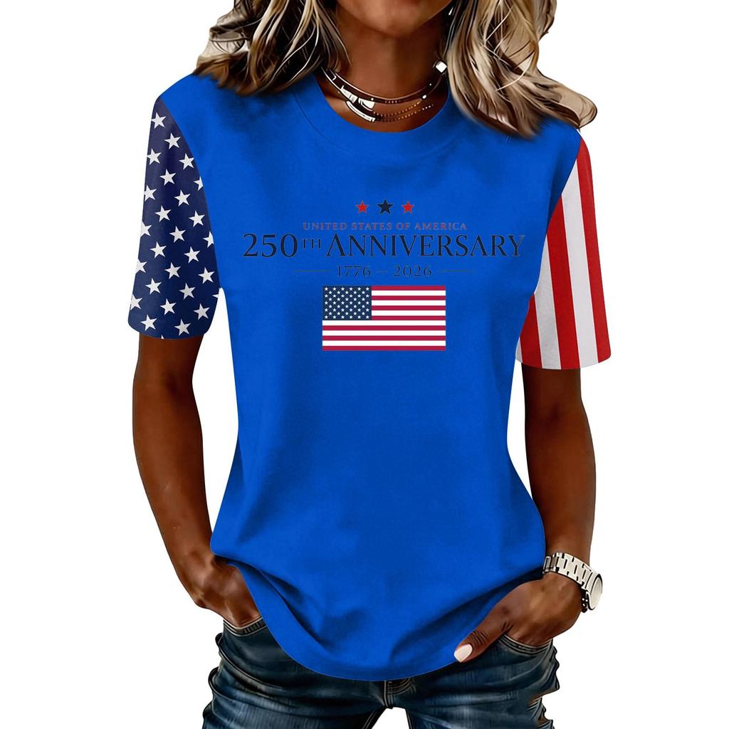 Blusa Feminina da Moda Casual de Manga Curta com Estampa e Gola Redonda