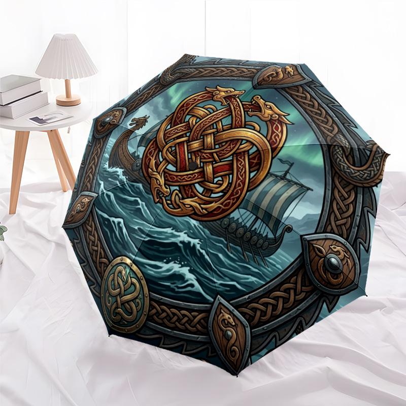 Ship Norse Mythology pattern umbrella, portable and foldable design, 8 ribs, a casual accessory for Halloween, Christmas, and birthday gifts.