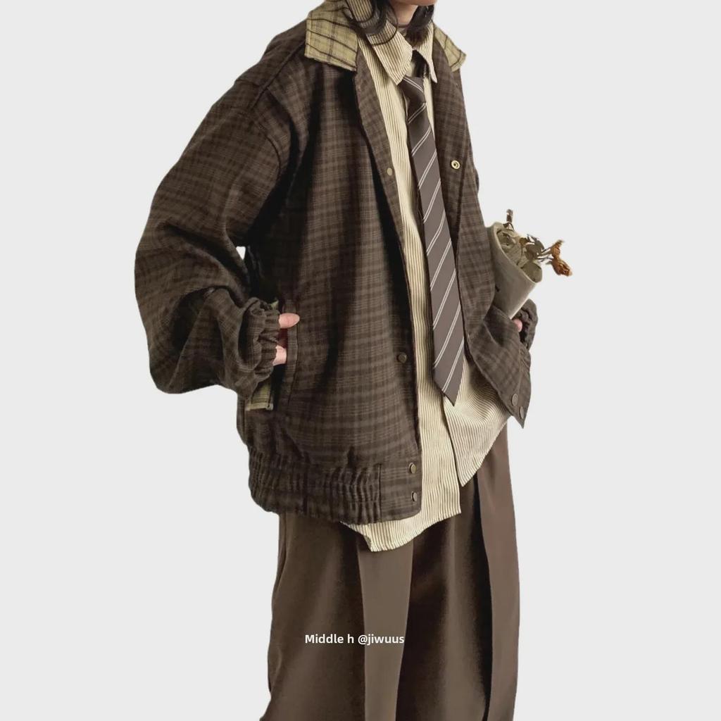 Unisex Retro Plaid Bestickte Jacke - Herbst Loose Fit Casual Revers