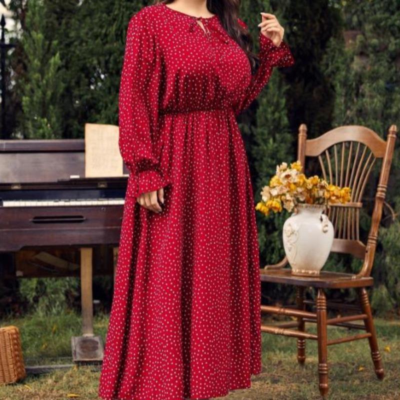 Vintage Long Sleeve Dresses Round Necked Plus Size Dress for Women Fashion Polka Dot Oversized Dress Elegant Tight Dress Commuter Fashion Maxi Dresses