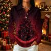 Women's Christmas Print Long Sleeve Button Front Collared Casual Top with Side Slits