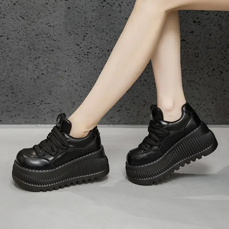 Fashion 9CM NEW Microfiber Leather Vulcanize Summer High Brand Comfy PUNK 2024 Spring Autumn Platform Women Chunky Sneaker Loafer Shoes