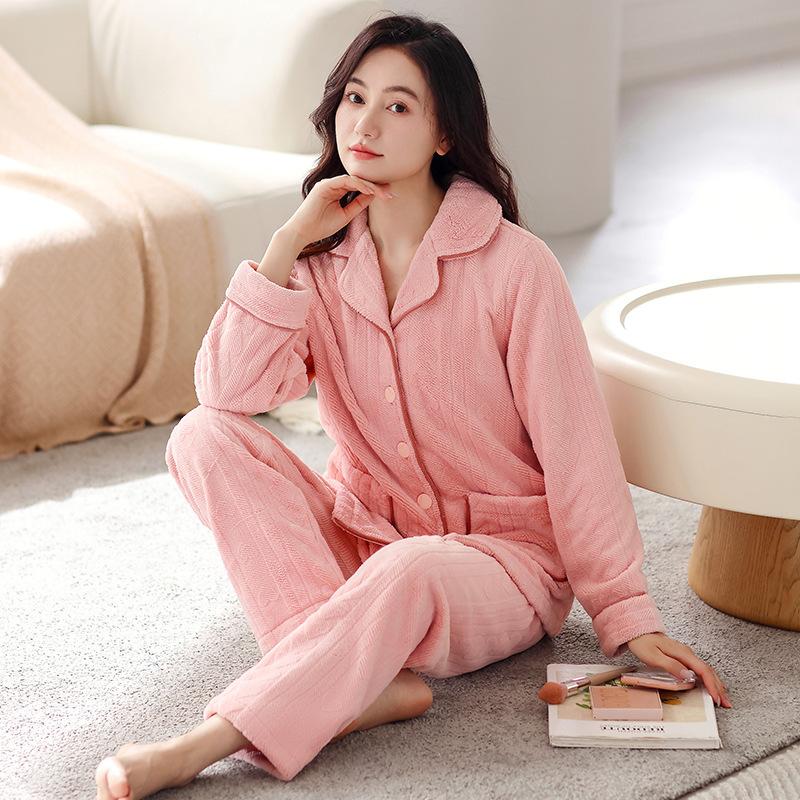 Coral fleece pajamas women's autumn and winter thickened fleece warm fat m plus size 55kg flannel loungewear set