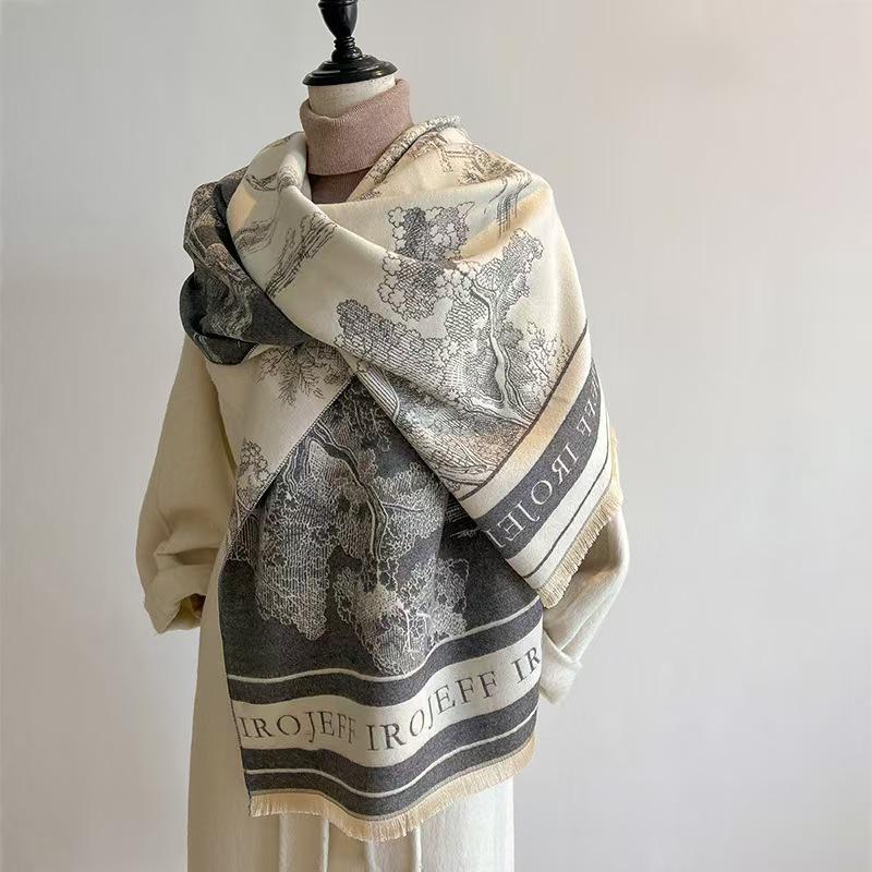 Jacquard Landscape Painting Imitation Cashmere Scarf Women'S Office Air-Conditioned Room Thickened Warm Long Trendy Shawl
