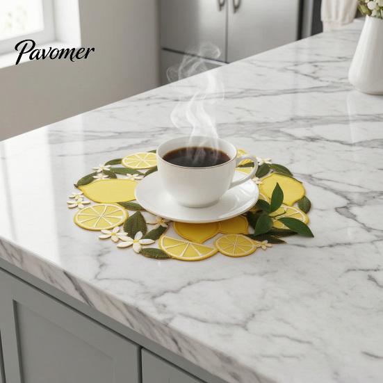 Tabletop Scratch Protector Pads Lemon Lace Placemat, Clear Embroidery Style Table Mat with Citrus Fruit Decorative Dining Placemats Leaf Design,