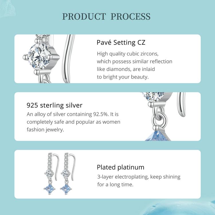 WOSTU 925 Sterling Silver Delicate Blue and White Square Zircons Ear Hook Earrings for Women Fine Jewelry Birthday Gift