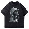 2026 Hot Sale Washed T-Shirt Hooded Black Cat with Headphones Graphic Unisex Streetwear Men Women Casual Cotton Short Sleeve Cat Lover Daily Tee Top
