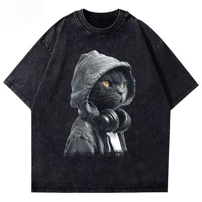 2026 Hot Sale Washed T-Shirt Hooded Black Cat with Headphones Graphic Unisex Streetwear Men Women Casual Cotton Short Sleeve Cat Lover Daily Tee Top