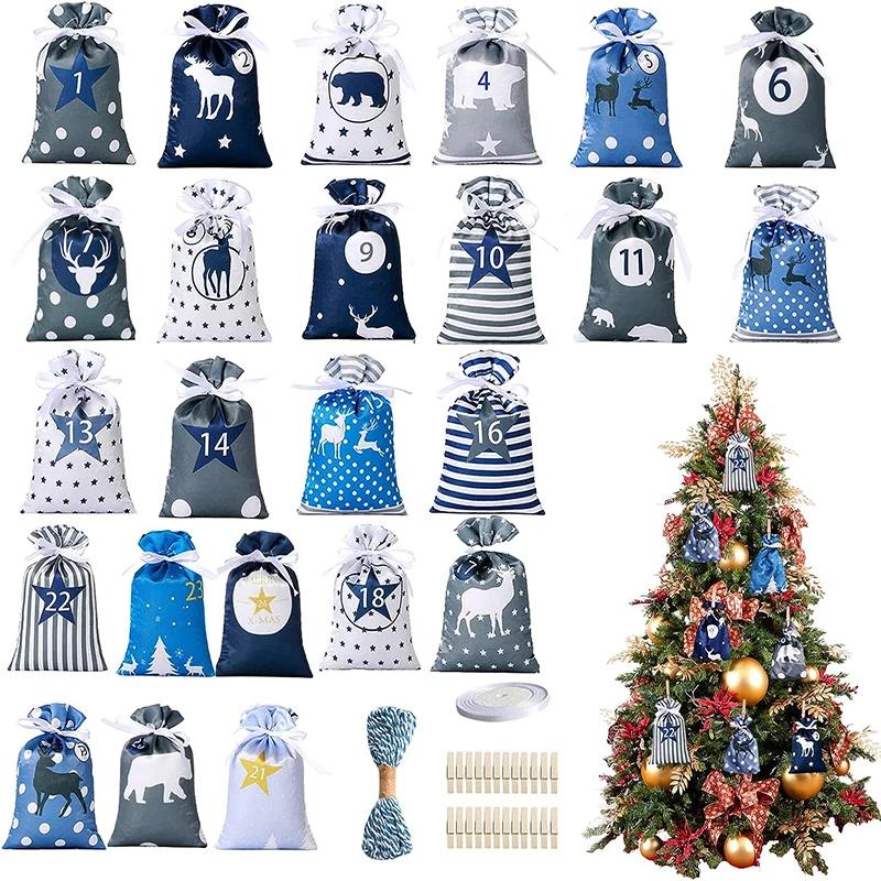 Christmas Decoration  Advent Calendar 24pcs Gift Bags Decoratie DIY Paper Stickers Wooden Ornament Xmas Navidad