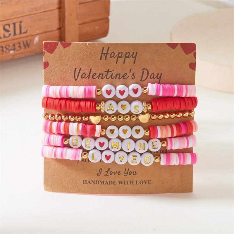 Love Heart Soft Clay Bracelets Set For Women With Pink Acrylic Letter Beads Hand Jewelry Gift