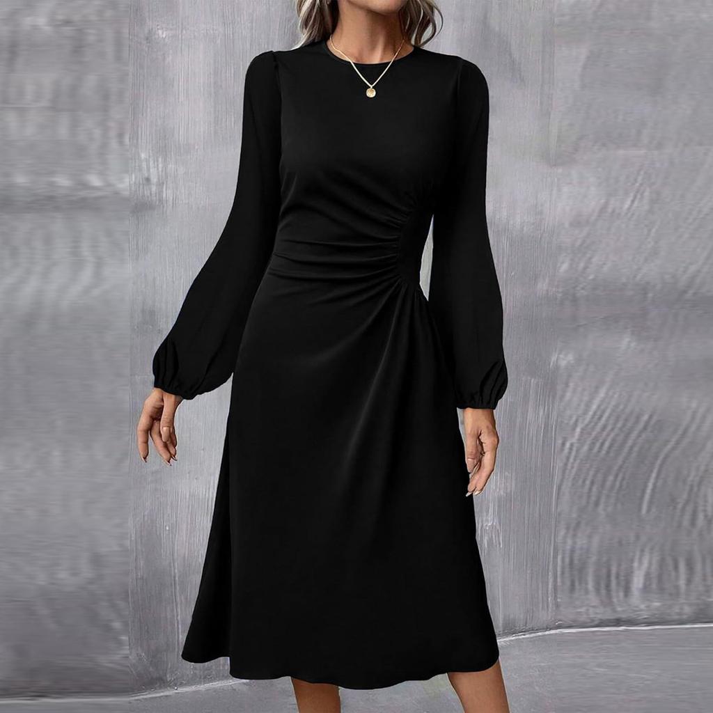 Women's Fashion Round Neck Pullover Long Sleeve Slim Split Irregular Dresses