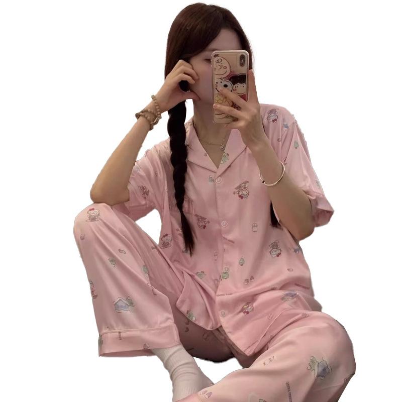 Silk Premium Pajamas Women'S Summer Short-Sleeved Trousers Ice Silk Cartoon Pink And Sweet Girl Suit Loungewear