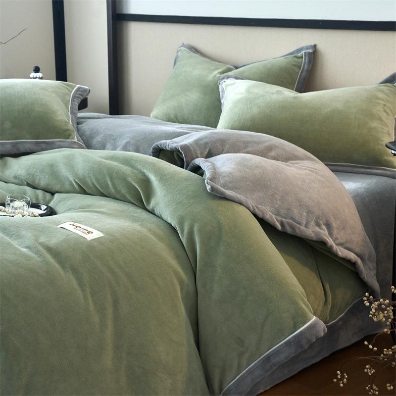 Thickened Milk Fleece Four-Piece Set, Button Coral Fleece Quilt Cover, Bed Three-Piece Set, Fleece Sheet Quilt Cover