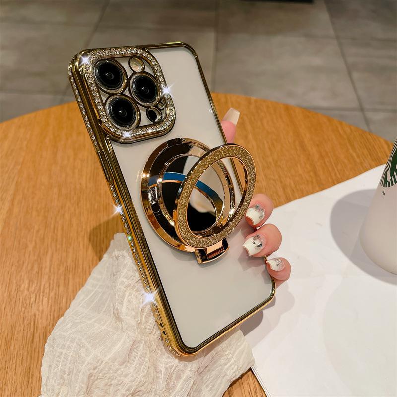 Applicable To iPhone17ProMax Electroplated Rhinestone Mobile Phone Case Apple 16Pro Mirror 15 Magnetic Suction Bracket 14 Sets