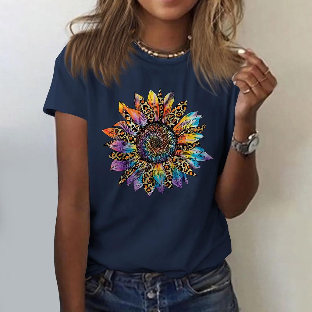 Sunflower Ladies Cute Print Short Sleeve Round Neck Front Shoulder Vintage Short Sleeve Summer Loose Shirt Top