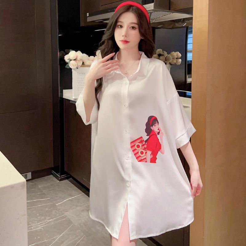 Japanese Ice Silk Red Print Nightdress - Sexy, Lightweight, Summer-Ready Pajamas for Women